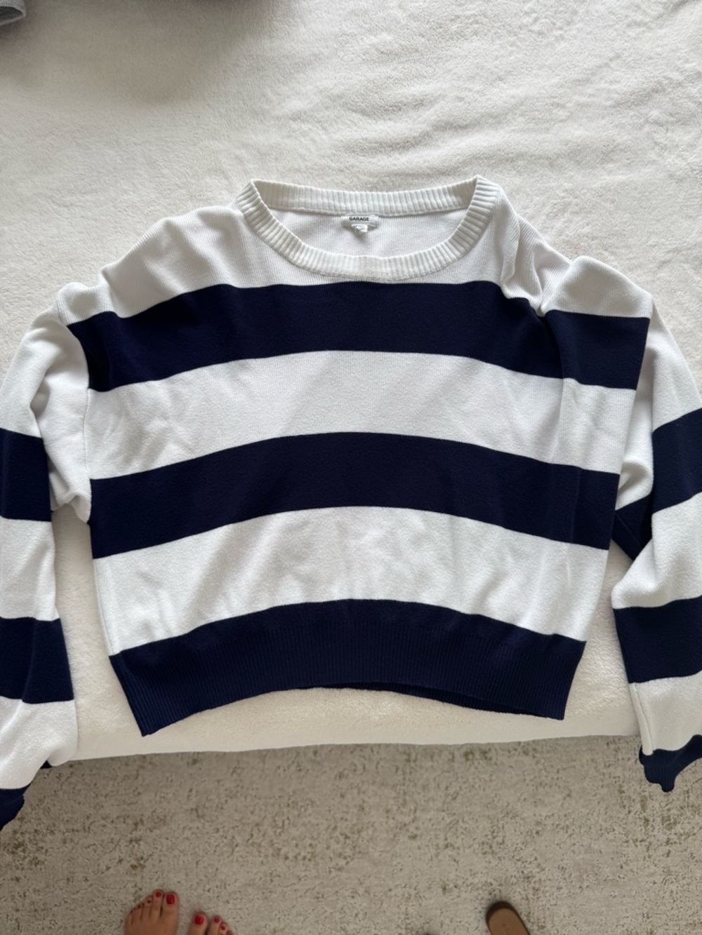 Garage White and Navy Striped Cropped Crewneck Sweatshirt